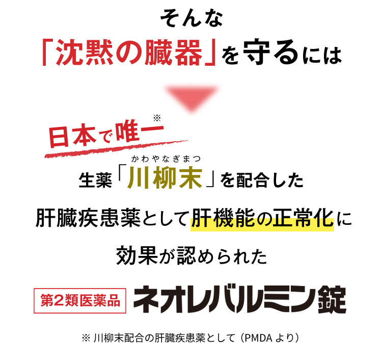 そんな「沈黙の臓器」を守るには日本で唯一生薬「川柳末」を配合した肝臓疾患薬として肝機能の正常化に効果が認められたネオレバルミン錠